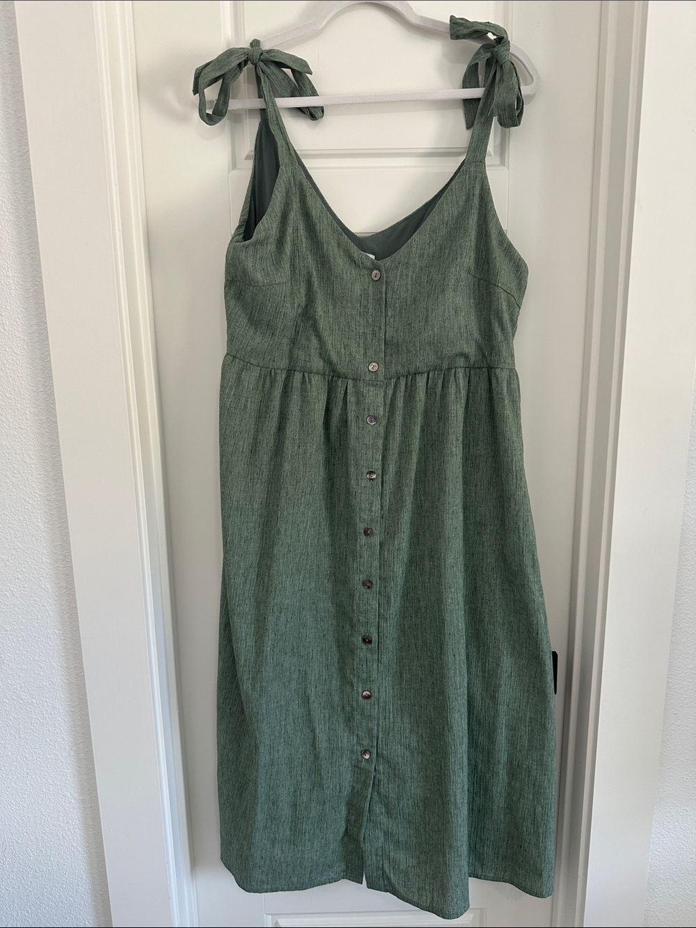 Tie-Shoulder Button-Front Midi Dress in Olive Green